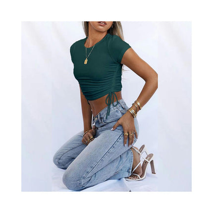 Womens Summer Short Sleeve Crop Tops Drawstring Crewneck Slim Fit T Shirts