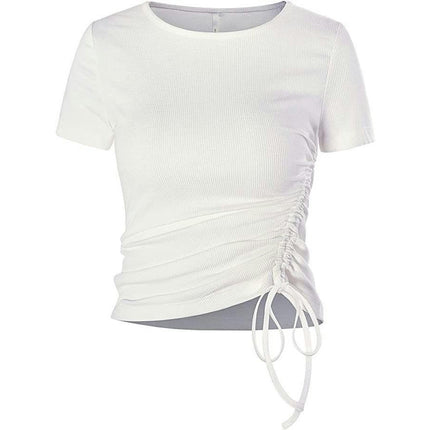 Womens Summer Short Sleeve Crop Tops Drawstring Crewneck Slim Fit T Shirts