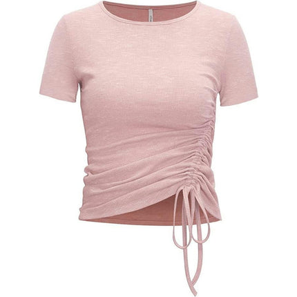 Womens Summer Short Sleeve Crop Tops Drawstring Crewneck Slim Fit T Shirts