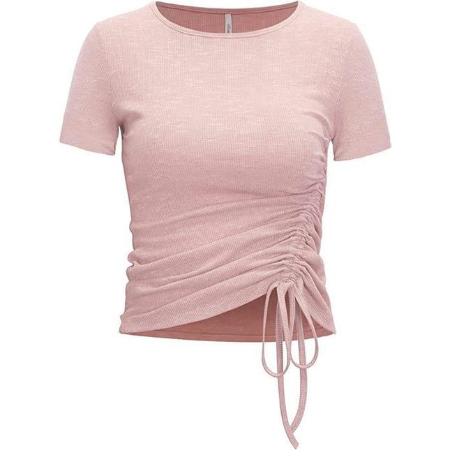 Womens Summer Short Sleeve Crop Tops Drawstring Crewneck Slim Fit T Shirts