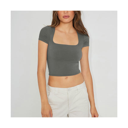 Short Sleeve Crop Tops for Women Summer Square Neck Cropped Basic T Shirts