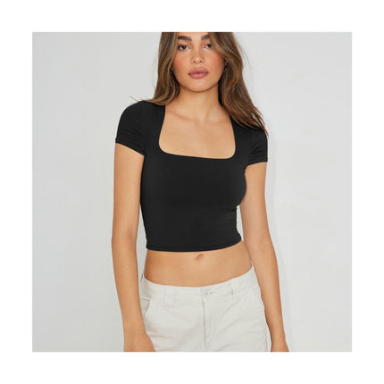 Short Sleeve Crop Tops for Women Summer Square Neck Cropped Basic T Shirts