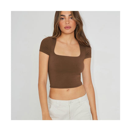 Short Sleeve Crop Tops for Women Summer Square Neck Cropped Basic T Shirts