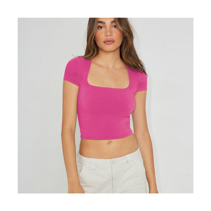 Short Sleeve Crop Tops for Women Summer Square Neck Cropped Basic T Shirts