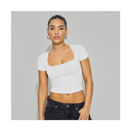 Short Sleeve Crop Tops for Women Summer Square Neck Cropped Basic T Shirts