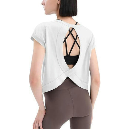 Short Sleeve Crop Tops for Women Crew Neck Backless Cut Out Loose T Shirts