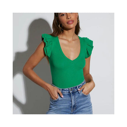 Womens Deep V Neck Crop Tops Summer Ruffled Cap Sleeves Slim Fit T Shirts