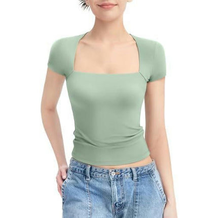 Women's Square Neck Short Sleeve T Shirts Summer Basic Tee Slim Fit Crop Tops