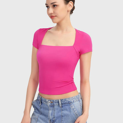 Women's Square Neck Short Sleeve T Shirts Summer Basic Tee Slim Fit Crop Tops