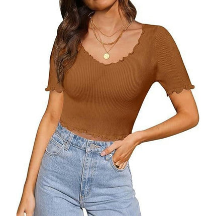 Womens V Neck Lettuce Trim Crop Tops Summer Short Sleeves Slim Fit T Shirts