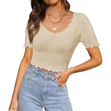 Womens V Neck Lettuce Trim Crop Tops Summer Short Sleeves Slim Fit T Shirts