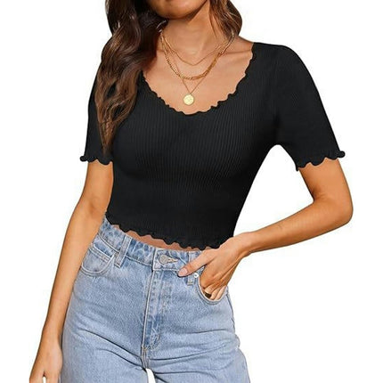 Womens V Neck Lettuce Trim Crop Tops Summer Short Sleeves Slim Fit T Shirts