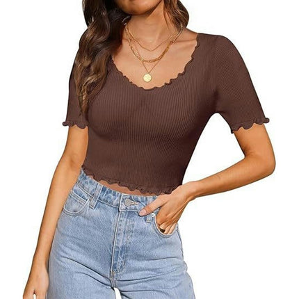 Womens V Neck Lettuce Trim Crop Tops Summer Short Sleeves Slim Fit T Shirts