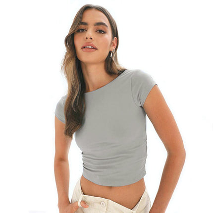 Women's Short Sleeve Crop Tops Crew Neck Slim Fit T-Shirt Backless Fashion Tops