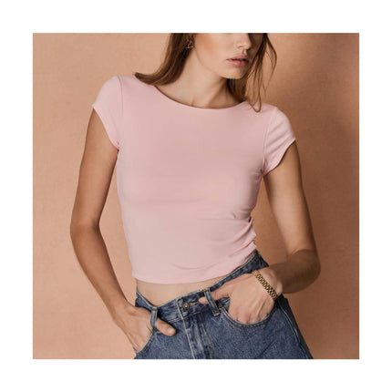 Women's Short Sleeve Crop Tops Crew Neck Slim Fit T-Shirt Backless Fashion Tops