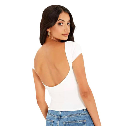 Women's Short Sleeve Crop Tops Crew Neck Slim Fit T-Shirt Backless Fashion Tops