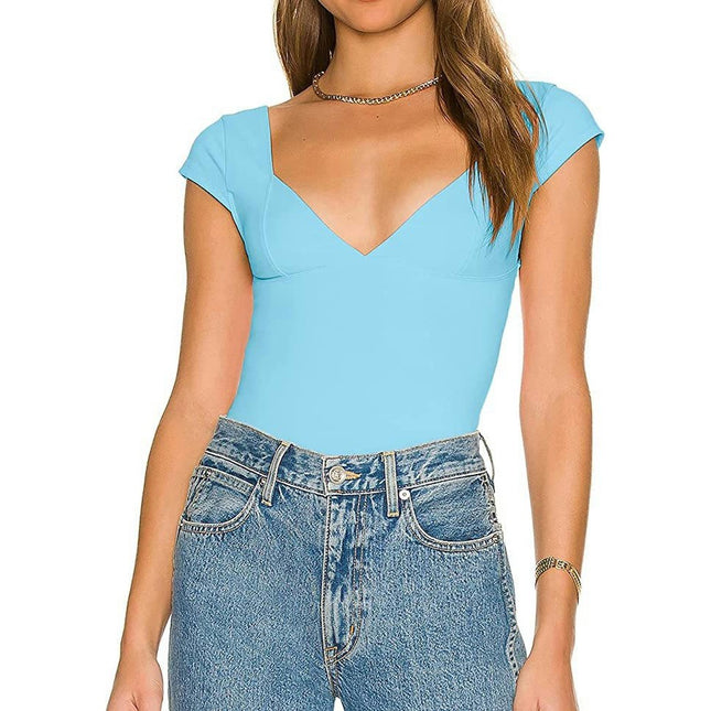 Women's Sexy Deep V Neck Backless Crop Tops Short Sleeve Slim Fit T-Shirts