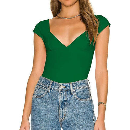 Women's Sexy Deep V Neck Backless Crop Tops Short Sleeve Slim Fit T-Shirts