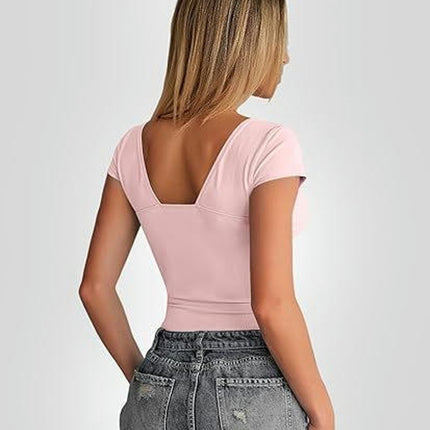 Women's Sexy Deep V Neck Backless Crop Tops Short Sleeve Slim Fit T-Shirts