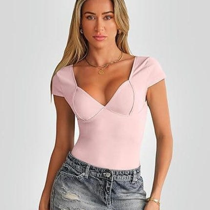 Women's Sexy Deep V Neck Backless Crop Tops Short Sleeve Slim Fit T-Shirts