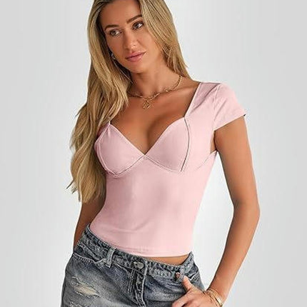 Women's Sexy Deep V Neck Backless Crop Tops Short Sleeve Slim Fit T-Shirts