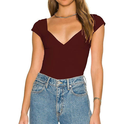 Women's Sexy Deep V Neck Backless Crop Tops Short Sleeve Slim Fit T-Shirts