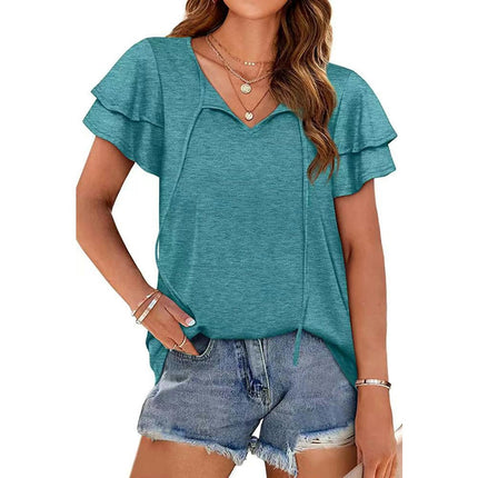 Women's Ruffle Short Sleeve Casual T Shirts Summer V Neck Loose Fit Tops