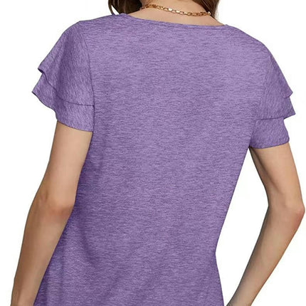 Women's Ruffle Short Sleeve Casual T Shirts Summer V Neck Loose Fit Tops