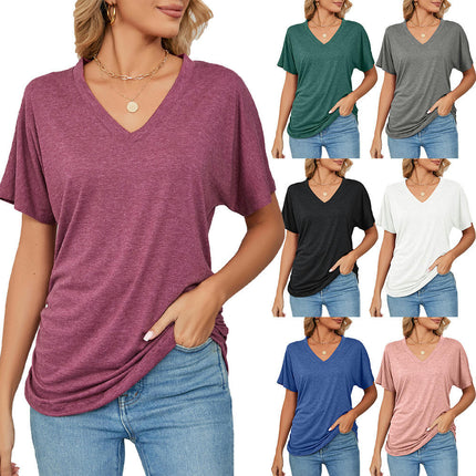 Women's Casual Loose Short Sleeve V Neck T-Shirts Solid Color Basic Summer Tops