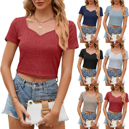 Women Fitted T Shirt Short Sleeve Sweetheart Neck Slim Fit Causual Basic Crop Top