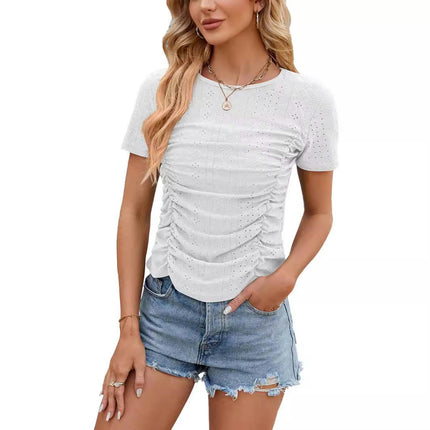 Womens Summer Eyelet Tops Short Sleeve Crew Neck Ruched T Shirts