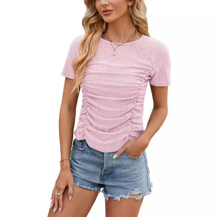 Womens Summer Eyelet Tops Short Sleeve Crew Neck Ruched T Shirts