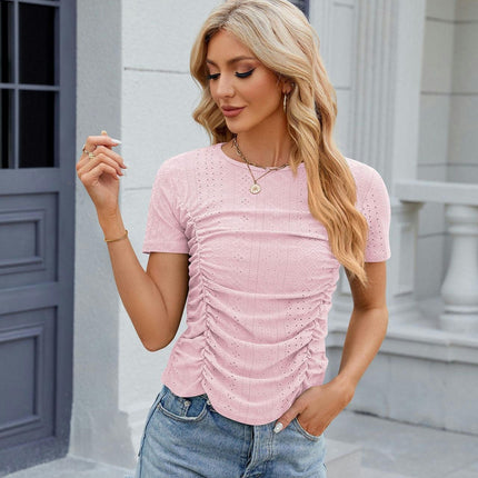 Womens Summer Eyelet Tops Short Sleeve Crew Neck Ruched T Shirts