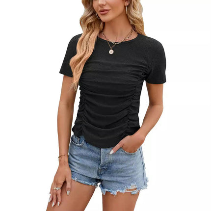 Womens Summer Eyelet Tops Short Sleeve Crew Neck Ruched T Shirts