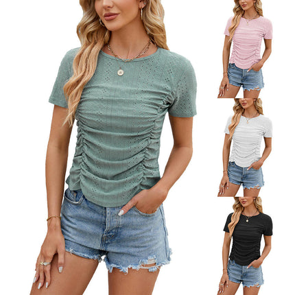 Womens Summer Eyelet Tops Short Sleeve Crew Neck Ruched T Shirts