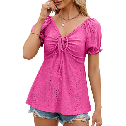 Women's V Neck Blouse Puff Short Sleeve Drawstring Casual Eyelet Loose Tunic Tops