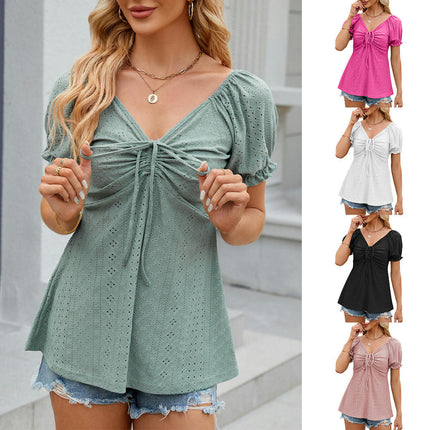 Women's V Neck Blouse Puff Short Sleeve Drawstring Casual Eyelet Loose Tunic Tops