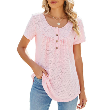 Women Loose Eyelet Blouses Casual Summer Crew Neck Short Sleeve Tops