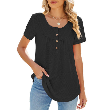 Women Loose Eyelet Blouses Casual Summer Crew Neck Short Sleeve Tops