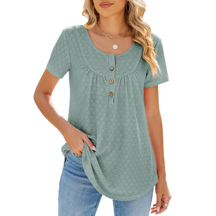 Women Loose Eyelet Blouses Casual Summer Crew Neck Short Sleeve Tops