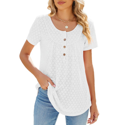 Women Loose Eyelet Blouses Casual Summer Crew Neck Short Sleeve Tops