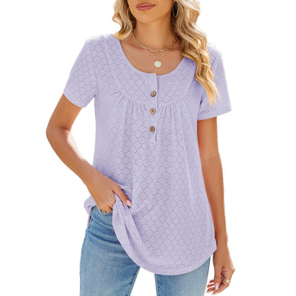 Women Loose Eyelet Blouses Casual Summer Crew Neck Short Sleeve Tops