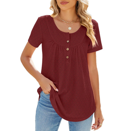 Women Loose Eyelet Blouses Casual Summer Crew Neck Short Sleeve Tops