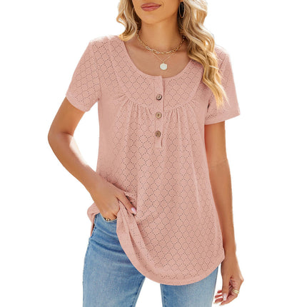 Women Loose Eyelet Blouses Casual Summer Crew Neck Short Sleeve Tops