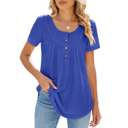 Women Loose Eyelet Blouses Casual Summer Crew Neck Short Sleeve Tops