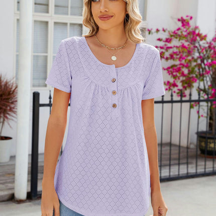 Women Loose Eyelet Blouses Casual Summer Crew Neck Short Sleeve Tops