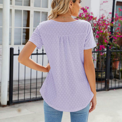 Women Loose Eyelet Blouses Casual Summer Crew Neck Short Sleeve Tops