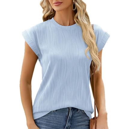 Womens Casual Cap Sleeve Tops Round Neck Summer Textured T Shirts Blouse