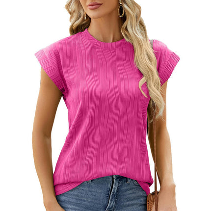 Womens Casual Cap Sleeve Tops Round Neck Summer Textured T Shirts Blouse