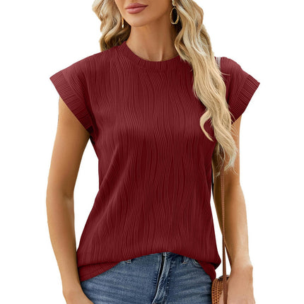 Womens Casual Cap Sleeve Tops Round Neck Summer Textured T Shirts Blouse